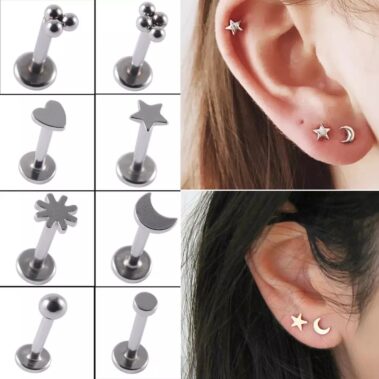 Διαφορετικές όψεις labret μισοφέγγαρου και ενδεικτικές εφαρμογές στο αυτί