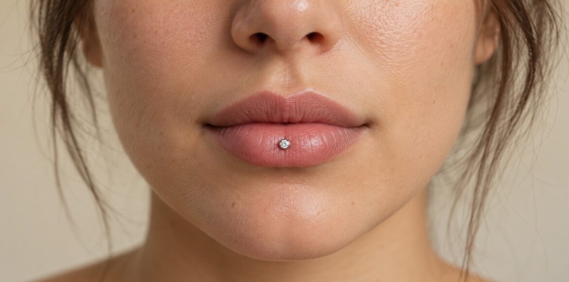 Ashley piercing με ένα μικρό διάφανο στρας στο κέντρο του ροζ κάτω χείλους