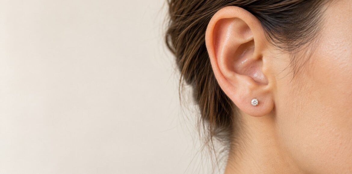 Earlobe piercing με μικρό διάφανο στρας στο κέντρο του μαλακού λοβού του αυτιού