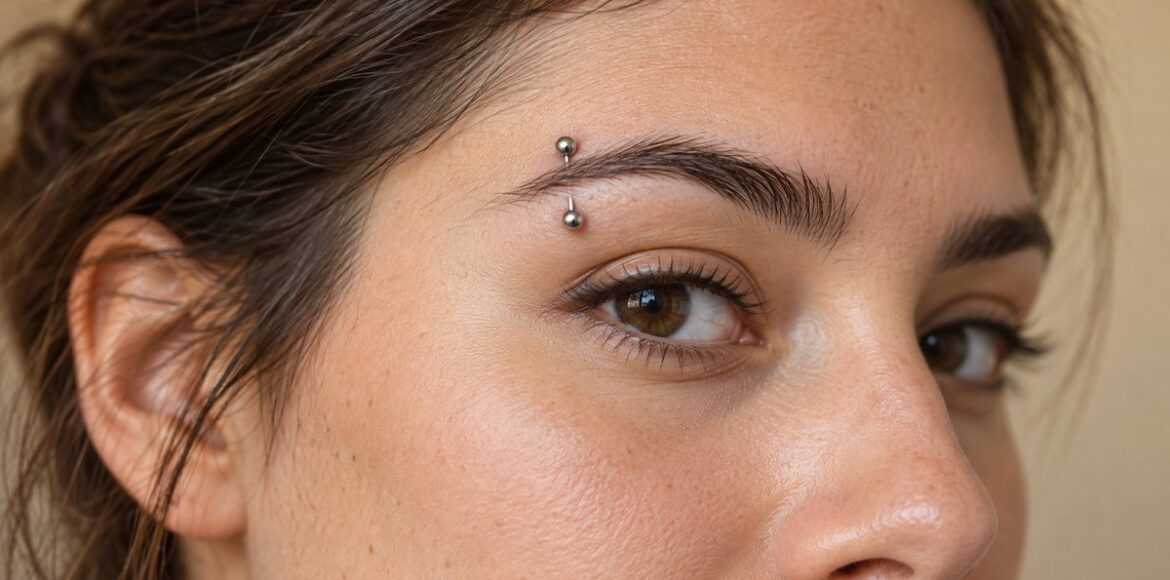 Κλασικό eyebrow piercing με μικρή ασημί καμπύλη μπάρα στην εξωτερική περιοχή του φρυδιού