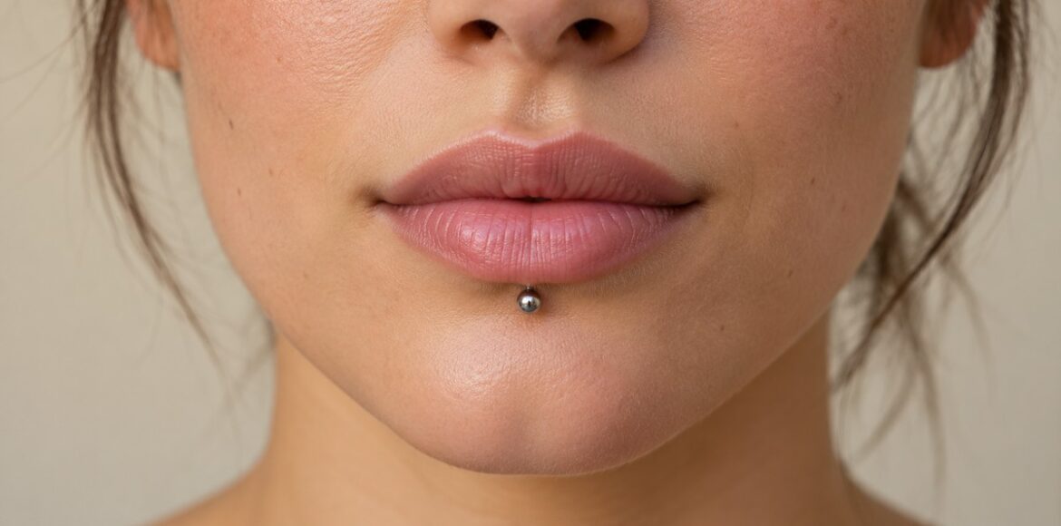 Κλασικό lip labret piercing με μικρή ασημί μπίλια στο δέρμα κάτω από το κάτω χείλος