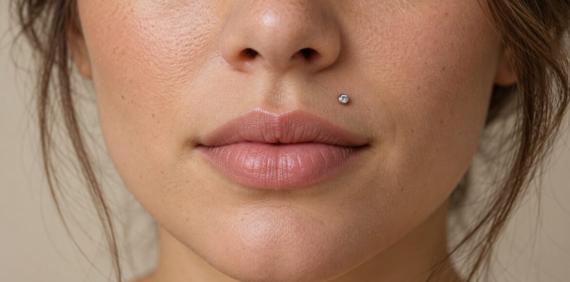 Monroe piercing με μικρό ασημί στρας στο πλάι πάνω από το άνω χείλος