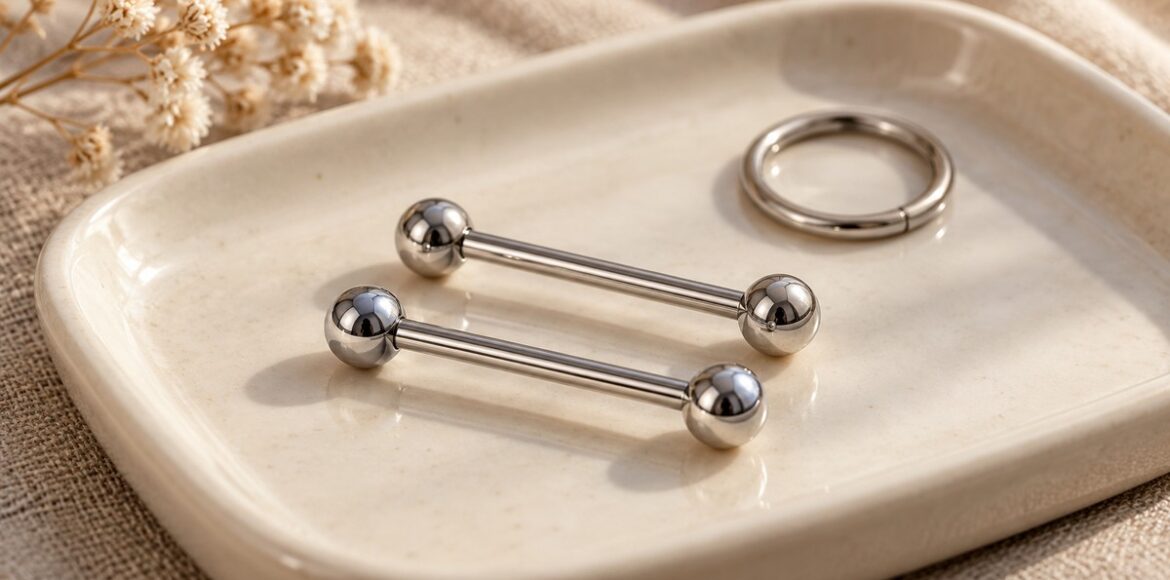 Ευθείες ασημί μπάρες και κρίκος για nipple piercing σε κεραμικό δίσκο
