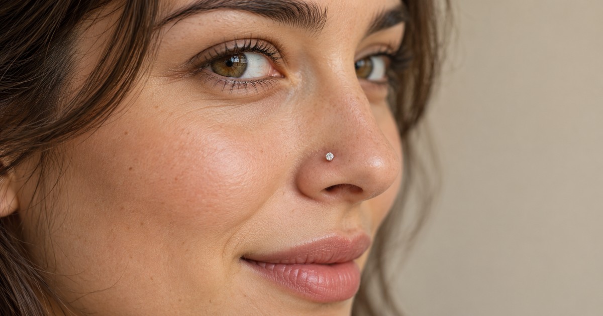 Nostril piercing με μικρό διάφανο στρας σε ασημί βάση στο πλάι της μύτης