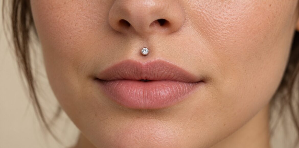 Philtrum ή Medusa piercing με μικρό διάφανο στρας στο κέντρο πάνω από το άνω χείλος