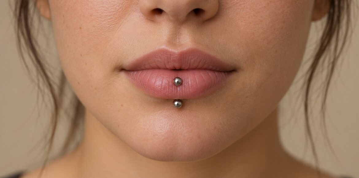 Vertical labret piercing με δύο ασημί μπίλιες, μία πάνω στο κάτω χείλος και μία ακριβώς από κάτω